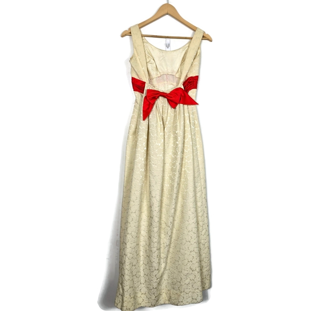 Vintage 60s Gladys Lee Butter Cream & Coral Brocade Formal Gown With Flaws